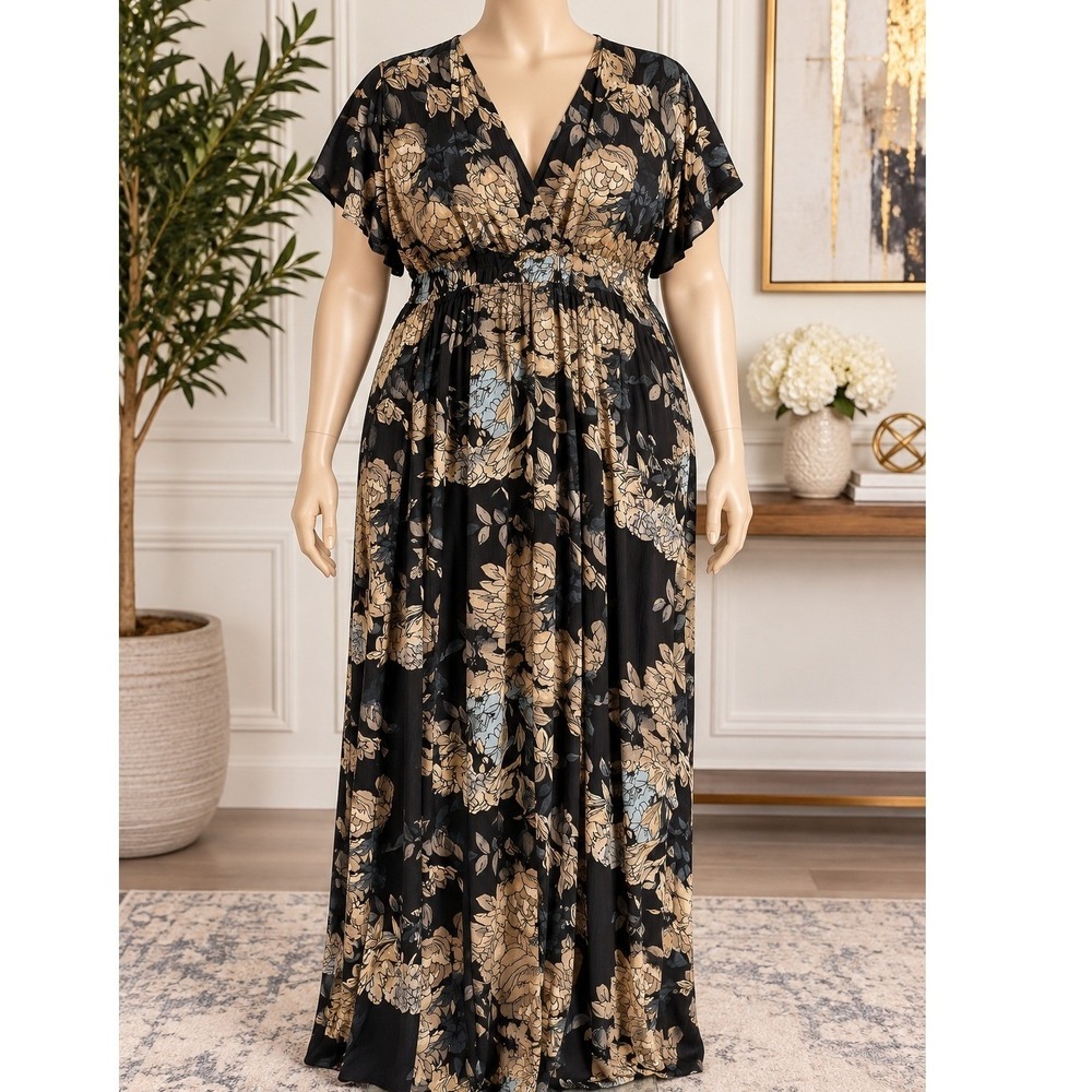 KOH KOH Womens Maxi Dress Floral V-Neck Elastic Waist Black Gold Blue Size 3X
